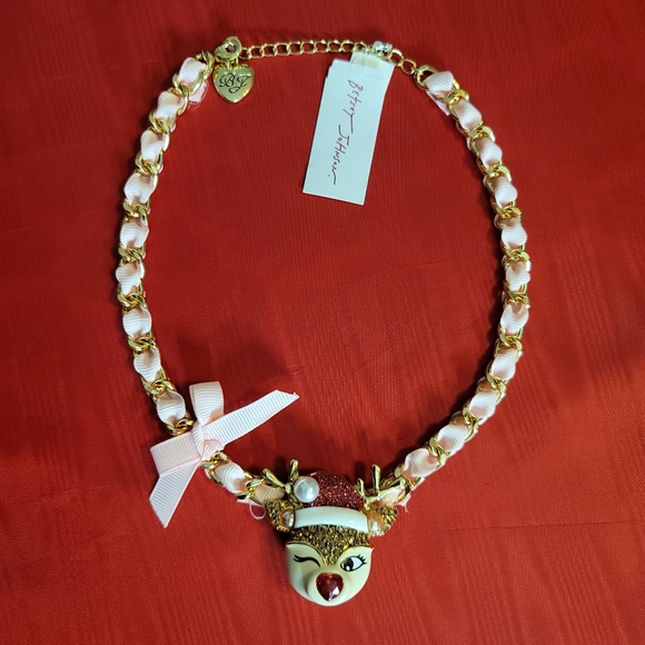 Betsey Johnson Christmas Reindeer Necklace Jingle Bell Bling Rudolpf Red Santa - Picture 3 of 9